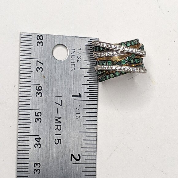 Vintage Crossover Gemstone Ring Gold Plated Sterling Silver Green Clear Stones - Picture 8 of 13